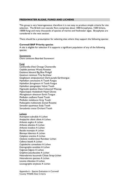 County Wildife Site Criteria for Cornwall Appendices