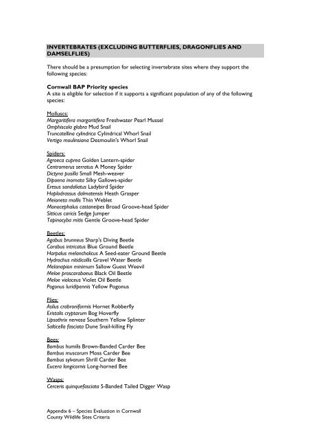 County Wildife Site Criteria for Cornwall Appendices