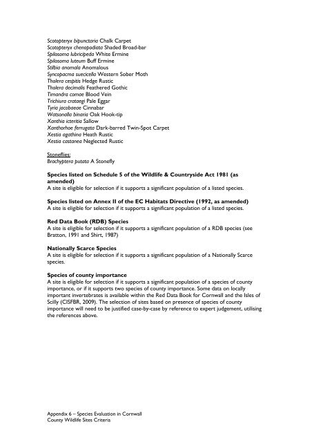 County Wildife Site Criteria for Cornwall Appendices