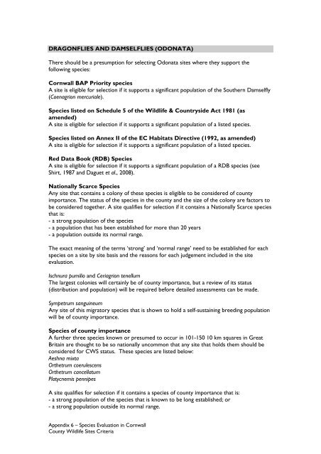 County Wildife Site Criteria for Cornwall Appendices