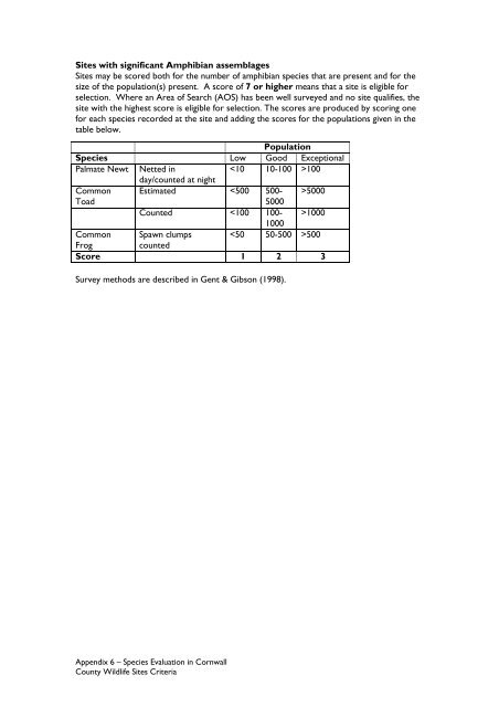 County Wildife Site Criteria for Cornwall Appendices