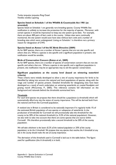 County Wildife Site Criteria for Cornwall Appendices