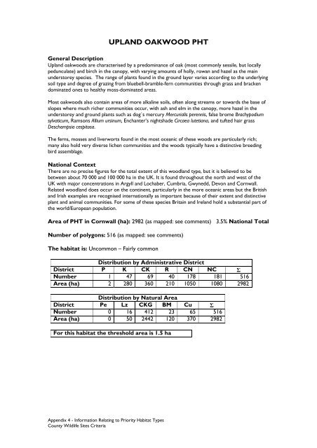 County Wildife Site Criteria for Cornwall Appendices