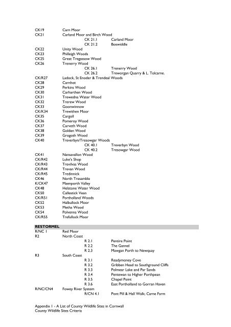 County Wildife Site Criteria for Cornwall Appendices