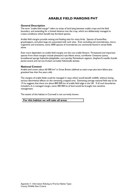 County Wildife Site Criteria for Cornwall Appendices