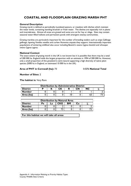 County Wildife Site Criteria for Cornwall Appendices