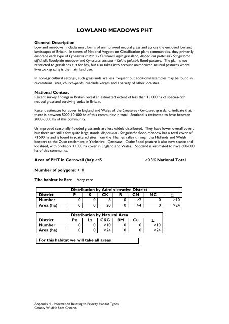 County Wildife Site Criteria for Cornwall Appendices