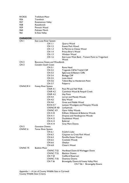 County Wildife Site Criteria for Cornwall Appendices