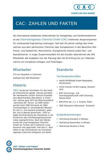 CAC: ZAHLEN UND FAKTEN - Chemieanlagenbau Chemnitz GmbH