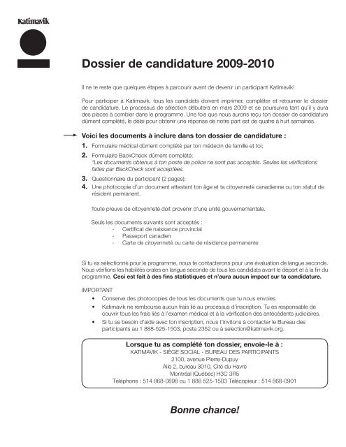 Dossier de candidature 2009-2010 - Katimavik