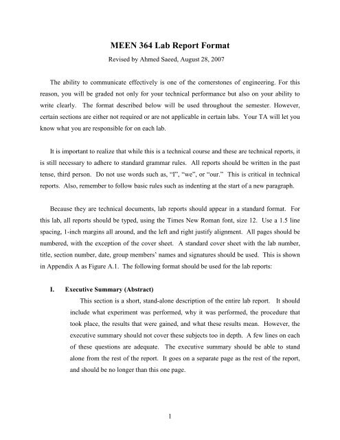 MEEN 364 Lab Report Format - Texas A&M University