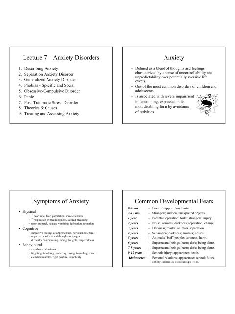 Lecture 7 â Anxiety Disorders Anxiety Symptoms of ... - Psychology