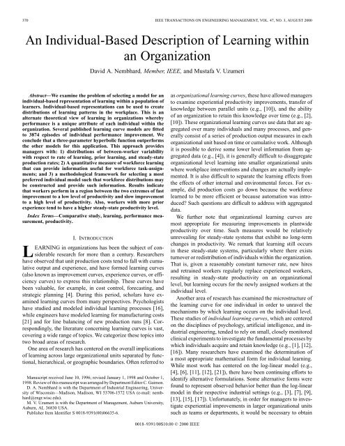 An individual-based description of learning within an organization ...