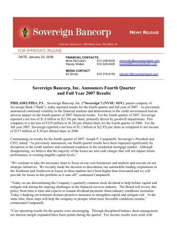 Sovereign Bancorp, Inc. Announces Fourth Quarter and Full Year ...