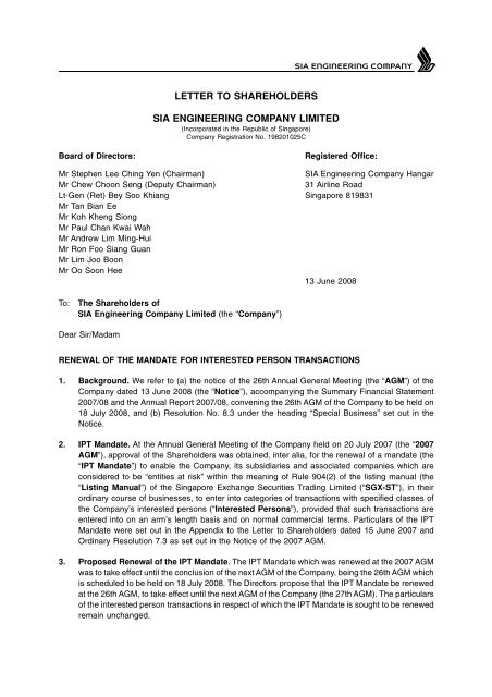 Letter To Shareholders Pdf Sia Engineering Company