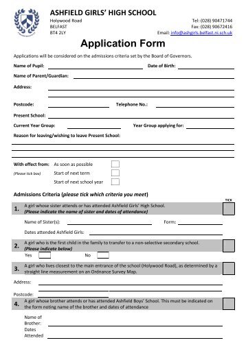 Application Form for Year 9 - 12 - Ashfield Girls' High School