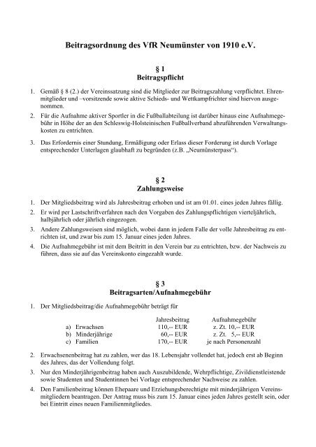 Beitragsordnung des VfR NeumÃ¼nster von 1910 e.V.
