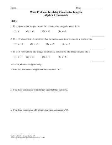 Word Problems Involving Consecutive Integers Algebra 1 ...