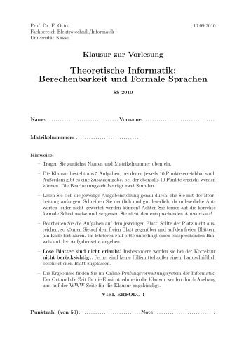 Klausurtext im PDF-Format - Fachgebiet Theoretische Informatik ...