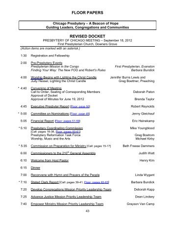 PROPOSED DOCKET - Presbytery of Chicago