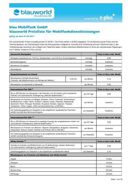 blau Mobilfunk GmbH blauworld Preisliste für - Prepaid-wiki