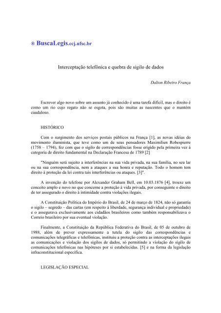 Â® BuscaLegis.ccj.ufsc.br InterceptaÃ§Ã£o telefÃ´nica e quebra de sigilo ...