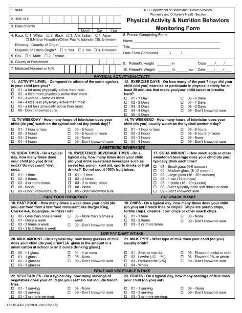 Physical Activity & Nutrition Behaviors Monitoring Form - Eat Smart ...