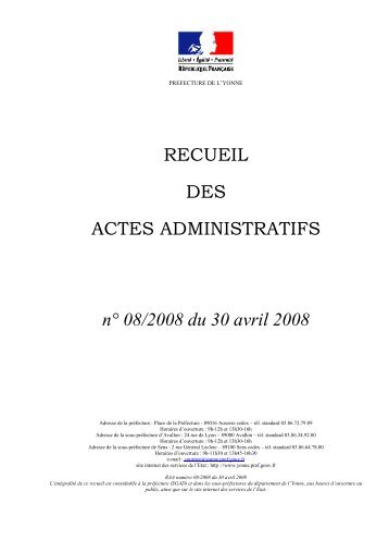 Recueil nÂ°8 du 30 avril 2008 - PrÃ©fecture de l'Yonne
