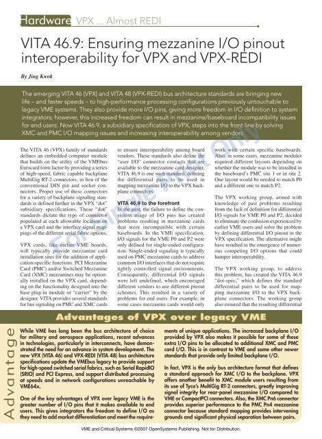 VITA 46.9: Ensuring mezzanine I/O pinout interoperability for VPX ...