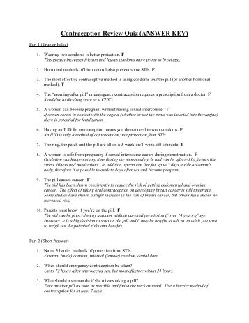 Contraception Review Quiz (ANSWER KEY) - Sexuality Education ...