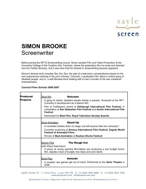 SIMON BROOKE Screenwriter - Sayle Screen