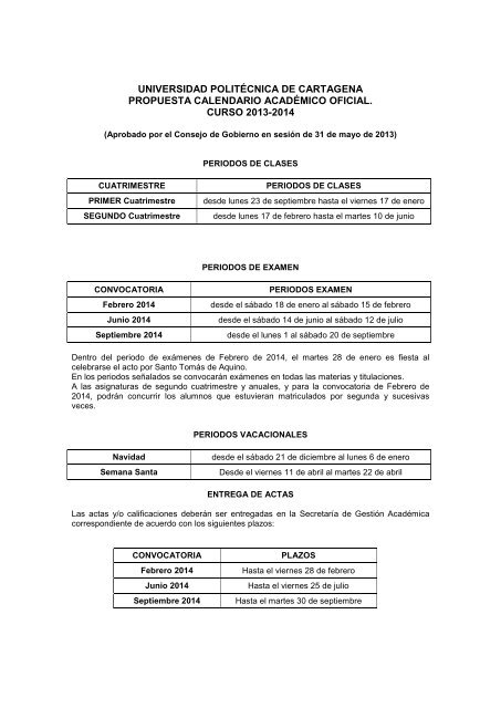 calendario acadÃ©mico 2013-2014 - Universidad PolitÃ©cnica de ...