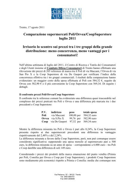 Comparazione supermercati Poli/Orvea/Superstore