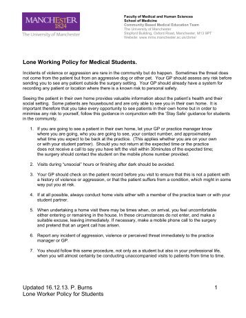 Lone Worker Policy for Medical Students - School of Medicine - The ...