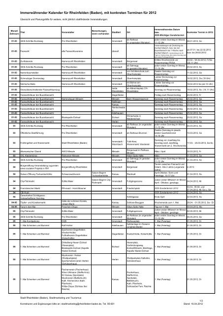 Immerwährender Kalender für Rheinfelden (Baden), mit konkreten ...