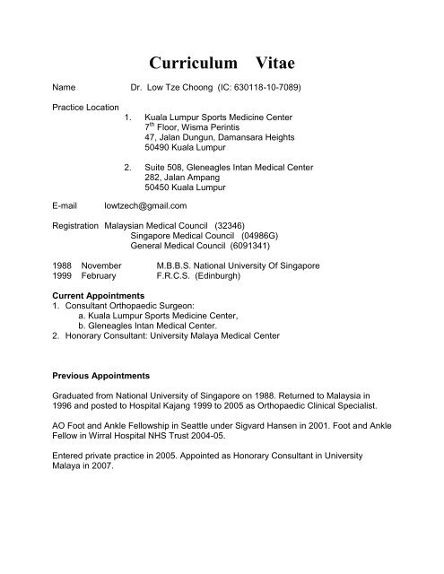 Curriculum Vitae - Malaysian Orthopaedic Association