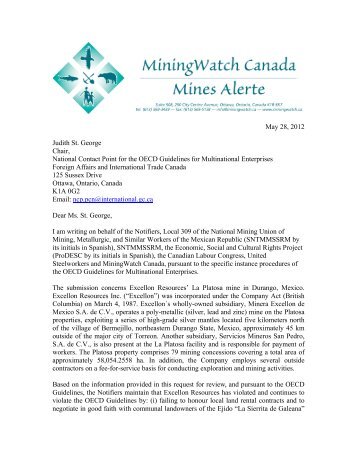 OECD Complaint re: Excellon, Cover Letter, 28 May 2012