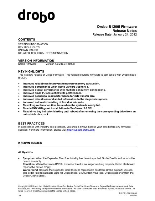 Drobo B1200i Firmware Release Notes