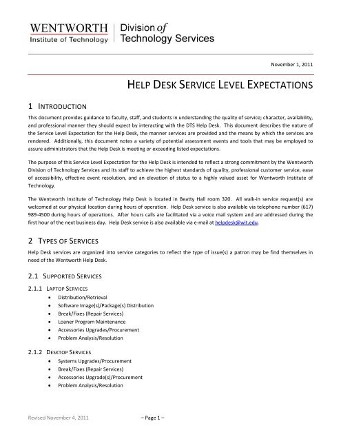 help desk service level expectations - Wentworth Institute of ...
