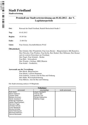 Protokoll zur Stadtvertretersitzung am 01.02.2012 - Stadt Friedland