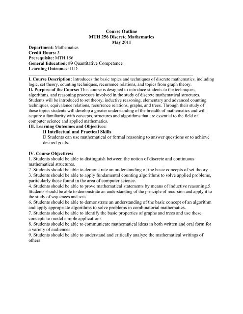 Course Outline MTH 256 Discrete Mathematics General Education ...