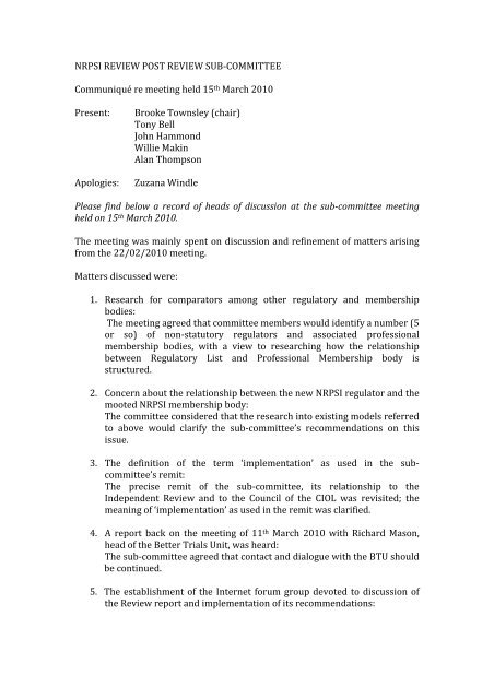 Sub Committee Examples sub-committee meeting report