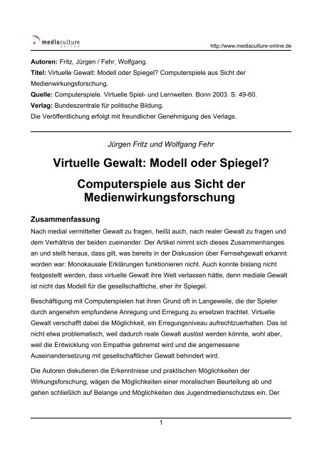 Virtuelle Gewalt: Modell oder Spiegel ... - Mediaculture online