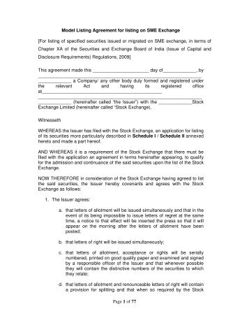 of 77 Model Listing Agreement for listing on SME Exchange - NSE