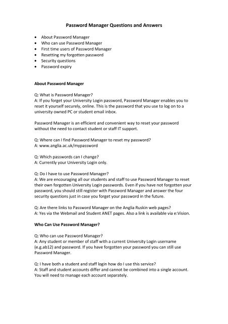 Password Manager Questions and Answers - My.Anglia Homepage
