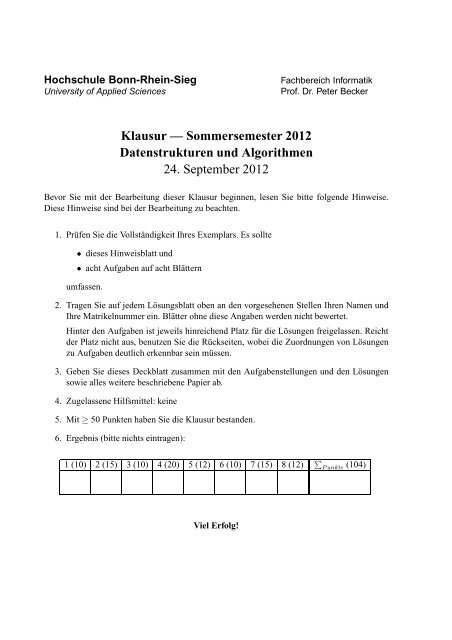 Klausur mit LÃ¶sung Sommersemester 2012 - Hochschule Bonn ...