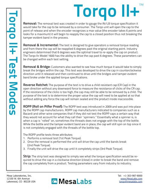 Torqo II+ Test Modes - Mesa Labs