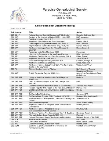 Library Book Shelf List (entire catalog) - Paradise Genealogical ...