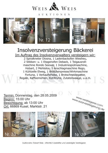 Insolvenzversteigerung Bäckerei - Weis und Weis Auktionen GmbH