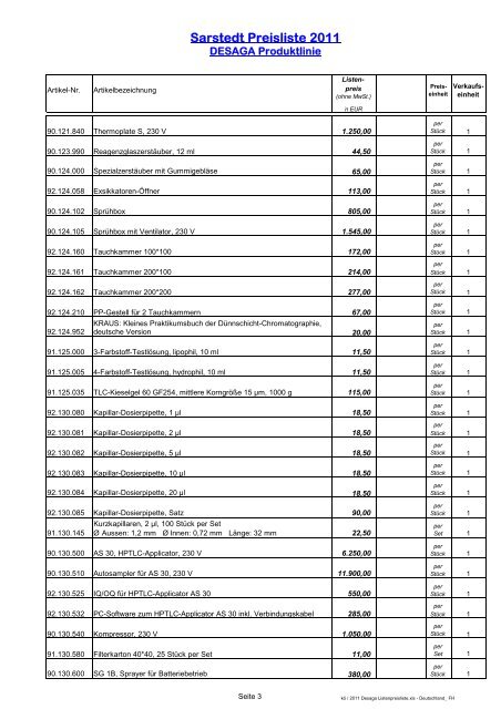 Sarstedt Preisliste 2011